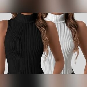 Ribbed Sleeveless Turtleneck Tops XS